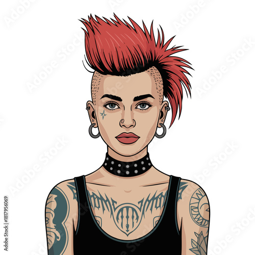 An eye-catching illustration of a woman with red spiky hair, tattoos and earrings 