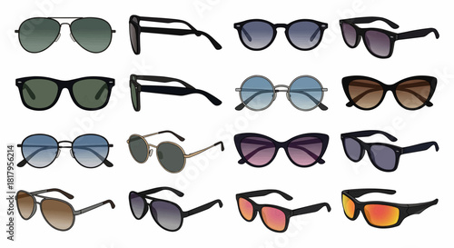 Collection of stylish modern sunglasses isolated on white background