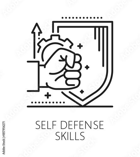 Self defense life skills line icon or sign. People potential linear vector icon, personality self defense life skills outline pictogram. Human quality lineart symbol or sign with human fist and shield