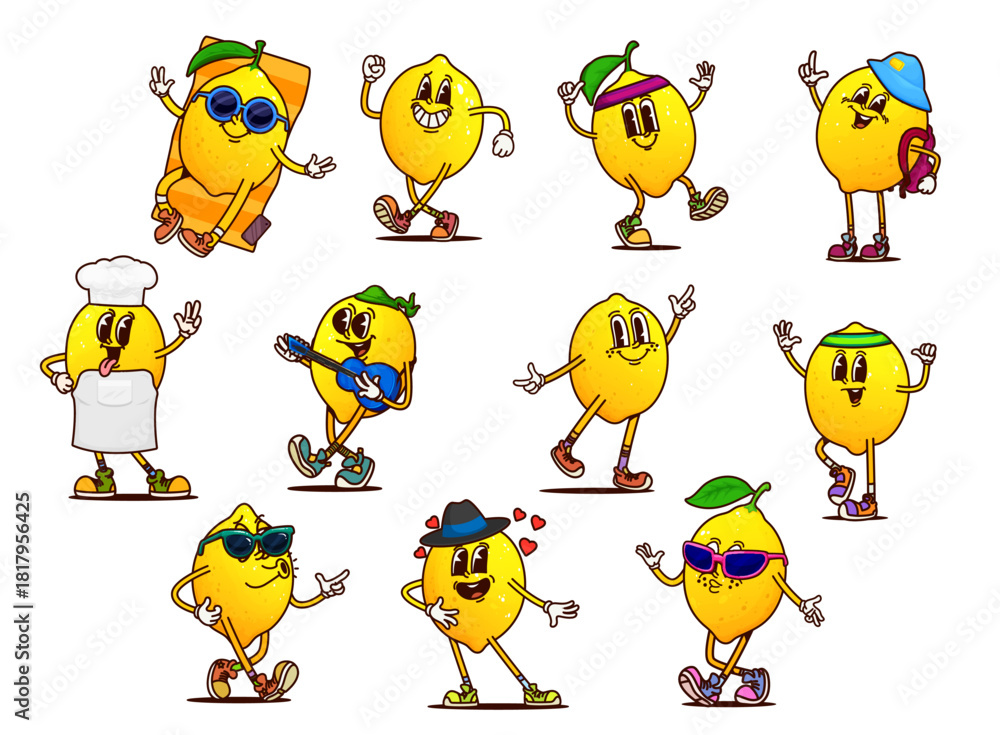 Obraz premium Cartoon groovy lemon fruit characters, vector citrus food. Retro hippie fresh yellow lemon personages with green leaves and funny groovy faces. Tropical citrus fruits with sunglasses and hats