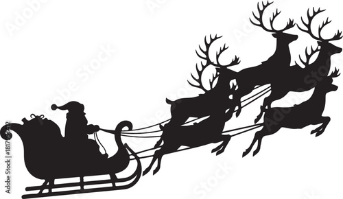 Black silhouette of Santa Claus in a sleigh pulled by reindeer Christmas holiday