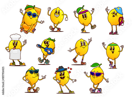 Cartoon groovy lemon fruit characters, vector citrus food. Retro hippie fresh yellow lemon personages with green leaves and funny groovy faces. Tropical citrus fruits with sunglasses and hats