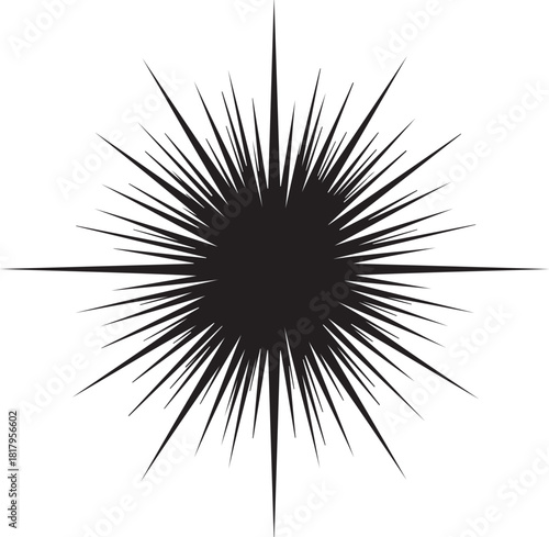 Black starburst explosion graphic with sharp pointed rays on white background vector