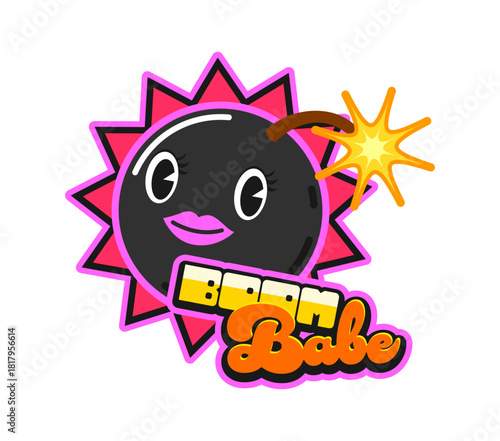Babe bomb and dynamite vintage Y2K sticker or patch. Grenade isolated hippie tag, TNT explosive funky isolated vector patch. Dynamite, girl bomb funny character with burning wick Y2K sticker or label