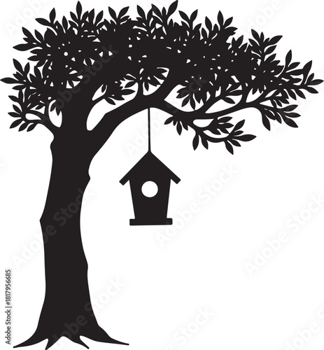 Black silhouette of a tree with a birdhouse hanging from a branch