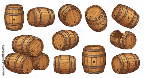 Collection of Wooden Barrels Illustrations for Drinks and Storage Isolated on White