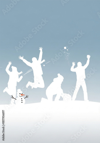 White silhouettes of a group of friends having a fun snowball fight.