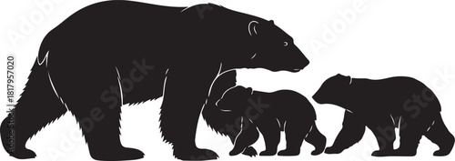 Black silhouette of a mother bear with two cubs walking together family animal