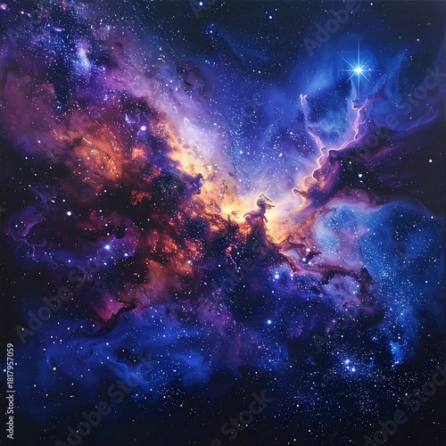 Vivid nebula display featuring brilliant blues, purples, and fiery orange