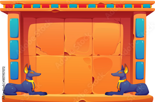 Ancient Egypt game frame, antique Egyptian stone board decorated with blue tiles, smooth carved blocks and statues of Anubis jackals. Cartoon Ancient Egyptian wall, vector treasure asset or monument
