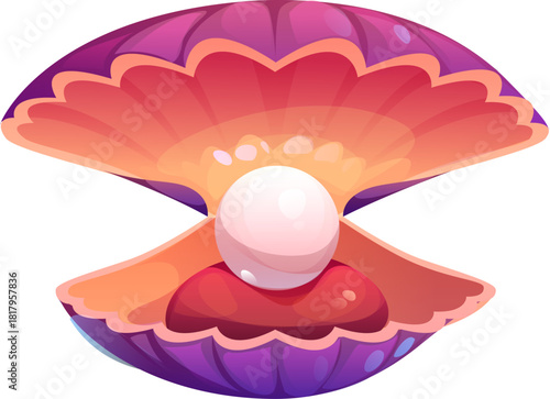 Cartoon ocean rare pearl ouster shell and scallop. Marine jewelry pearl isolated vector shell, underwater life precious seashell. Ocean nature rare scallop mollusk or sea bottom valuable oyster clam