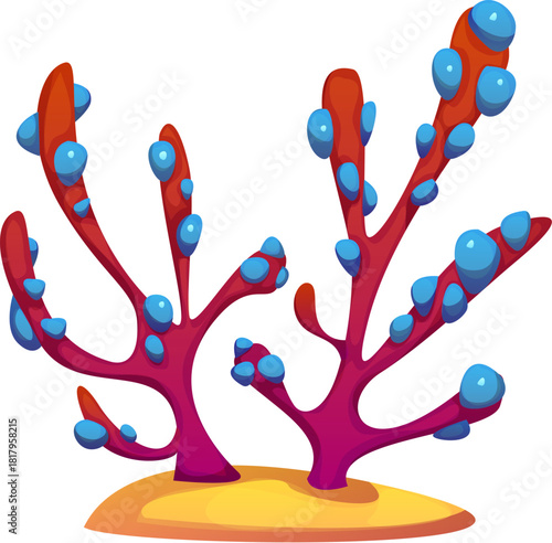 Cartoon sea bottom seaweed, coral underwater algae. Ocean underwater vector seaweed, coral reef aquatic algae. Tropical sea undersea or aquarium plant with blue pimple, red branches growing from sand