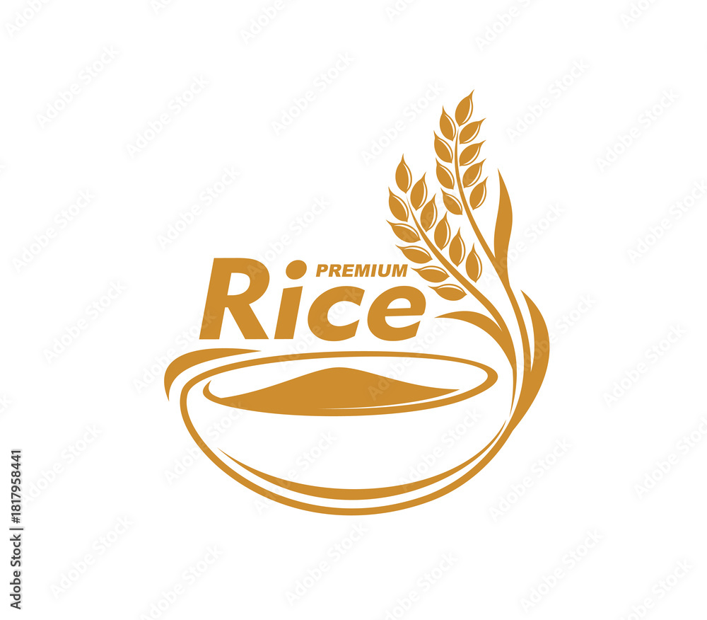 Obraz premium Premium asian rice icon or food graphic symbol. Cereal growth agriculture company vector sign, healthy food organic farm symbol. Quality rice farmer market emblem with rice ear, bowl and typography