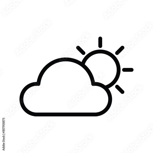 A minimalist black and white line drawing representing a cloud partially obscuring the sun, symbolizing partly cloudy weather. Weather Forecast and Season single line icon UI design.