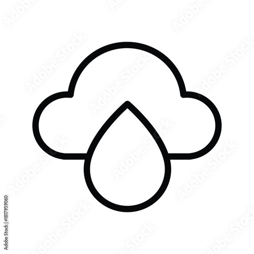 A simple black and white line art icon depicting a cloud with a single water droplet falling from it, symbolizing rain or precipitation. Weather Forecast and Season single line icon UI design.