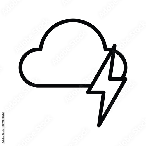 A minimalist black and white line drawing representing a storm cloud with a lightning bolt striking from it. Weather Forecast and Season single line icon UI design.