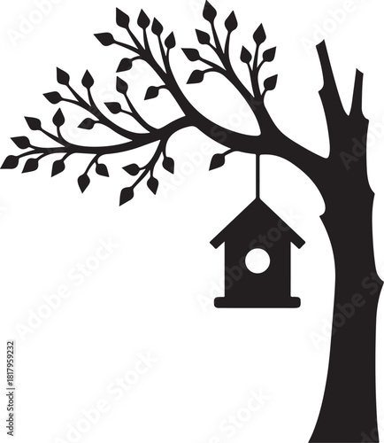 Black silhouette of a tree with a birdhouse hanging
