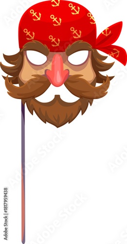 Caribbean pirate bearded face in bandana photo booth mask. Corsair captain, pirate sailor cartoon vector sticker. Kids photo booth prop or mask with filibuster face, beard and mustaches, red bandana