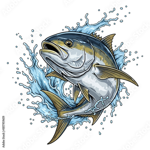 Yellowfin tuna jumping out of ocean water splash vector illustration colorful fishing