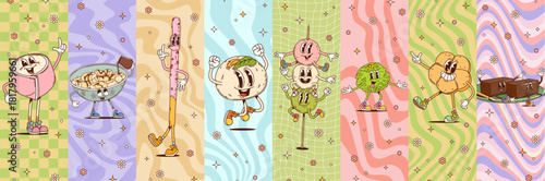 Cartoon groovy Japanese dessert characters collage. Funny vector Asian snacks mochi, anmitsu, pocky, taiyaki, dango, matcha, ball and wagashi, kasutera and yokan retro comic sweet food y2k personages