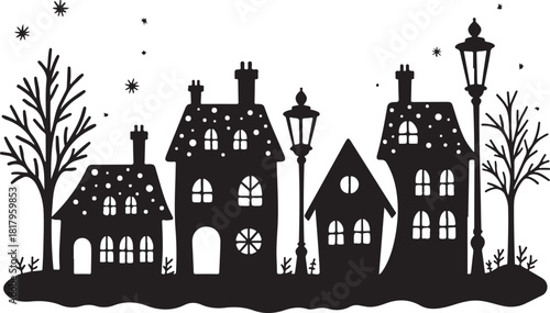 Black silhouette of a winter village with snow and trees