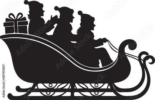 Black silhouette of three figures in Santa hats riding in a sleigh with a gift christmas present