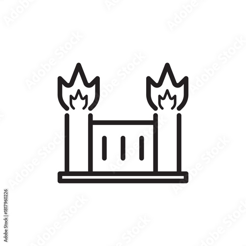 Industrial firewall icon. Features a barrier with two flaming towers. Represents OT cybersecurity, system security, network defense, and data protection for SCADA and factory environments.