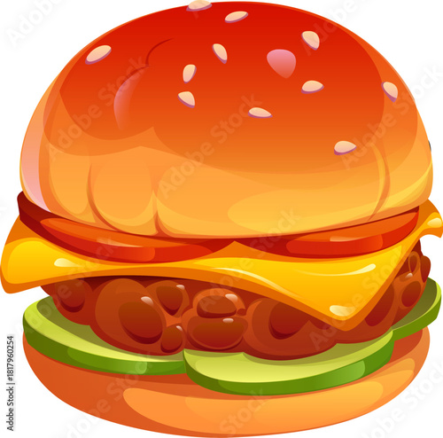 Cartoon fast food cheeseburger or burger for takeaway sandwich, vector icon. Fast food restaurant cartoon hamburger with sesame bun, cheese, and cucumbers for fastfood meals delivery menu