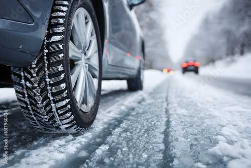 Vehicles navigating an icy road lined with snow-covered trees during winter, showcasing challenging driving conditions