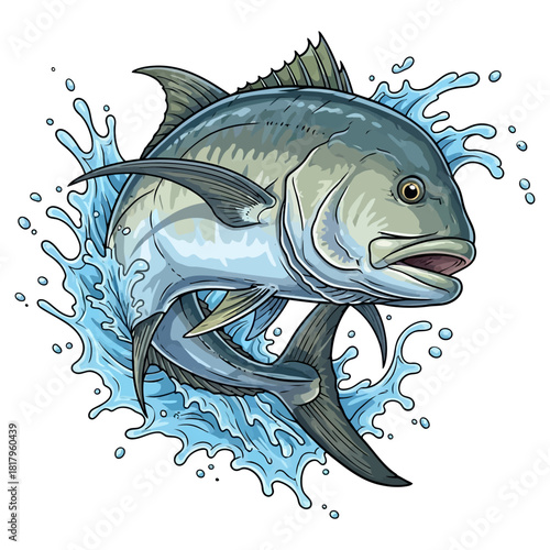 Giant Trevally GT fish jumping out of the ocean water splash vector illustration