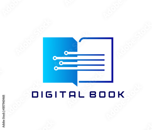 College online library digital book icon or badge. Bookstore digital book symbol, online library technology vector emblem. Distant education e book icon with blue book page, motherboard trace
