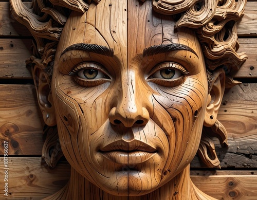 Wooden sculpture of a woman's face, carved and textured