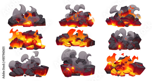 Fire flames on coal, fireplace charcoal, burn ember coal pieces and ash with smoke and sparks, vector grill, bonfire or campfire themes. Cartoon fire burning on charcoals with hot red flames