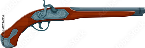Corsair pirate cartoon medieval pistol weapon. Pirate captain 18th century isolated vector pistol, buccaneer or privateer bandit antique firearm. Filibuster skipper isolated flintlock gunpowder weapon