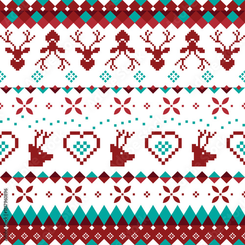 Christmas and New Year seamless pattern. Red, white and green pixel pattern with nordic style for winter textile and wrapping paper, merry christmas elements seamless striped pattern background