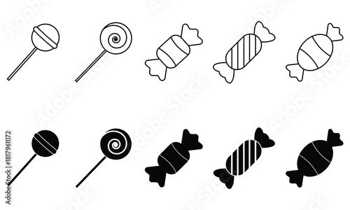 Candy icon set. Line and glyph candy sweet. Black and white vector illustration of wrapped candies and sweets.  Lollipop symbol.