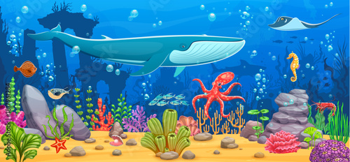 Underwater landscape with cartoon blue whale and octopus in coral reef, vector background. Sea and ocean underwater landscape with seahorse and manta ray or fugu fish with pearl shell in deep water