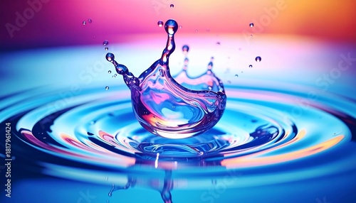 Vibrant Water Splash Macro Shot Captures Droplet Impact with Creative Color Backdrop.