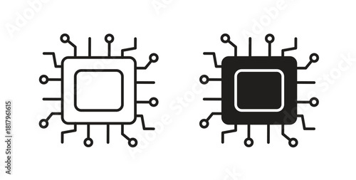 Processor icons with simple flat and thin stroke style