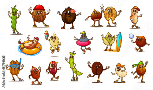 Cartoon groovy nuts and legumes characters on summer vacation, vector nuts, beans, seeds food. Retro hippie walnut, peanut, pistachio and almond. Cute groovy hazelnut, coconut and cashew characters