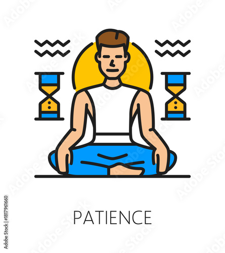 Patience life skill color line icon or label. Human patience ability outline vector symbol, people potential icon. Personality life skill line pictogram with meditating in lotus pose man character