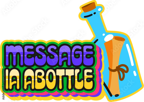 Pirate message in bottle vintage Y2K sticker or tag. Pirate marine Y2K patch, piracy and sailing retro vector sticker. Filibuster nautical tag with paper scroll letter inside corked bottle