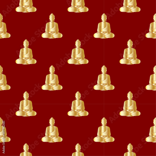 Seamless Pattern with Golden Buddha in Meditation Pose on Deep Red Background. Repeatable Texture for Buddhist Theme, Yoga, Spiritual Design