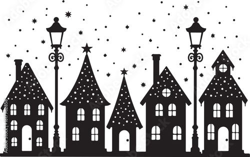 Black silhouette of houses and lampposts with falling snow
