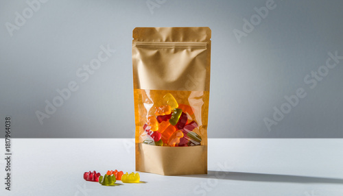 Wallpaper Mural Stand up pouch snack packaging mockup with transparent window showing colorful gummy bears, some spilling out, on white table with soft lighting, creating playful mood Torontodigital.ca
