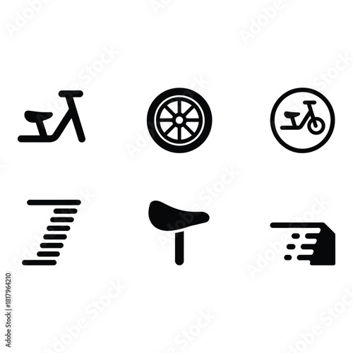 Collection of six simple black and white bicycle and exercise icons