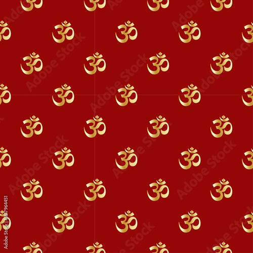 Seamless Pattern with Golden Om (Aum) Symbol on Red Background. Repeatable Sacred Hindu and Yoga Texture. Spiritual Wallpaper, Fabric, or Decorative Design.