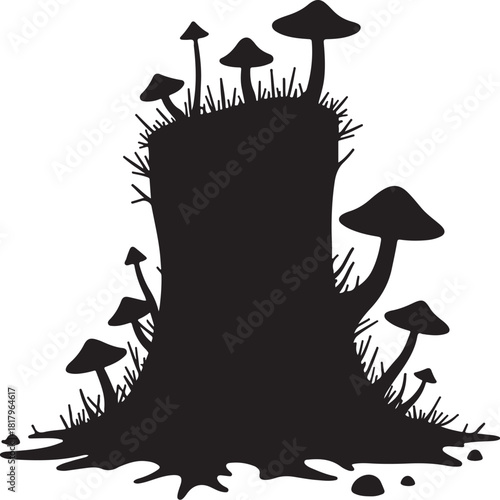 Black silhouette of mushrooms growing on a tree stump