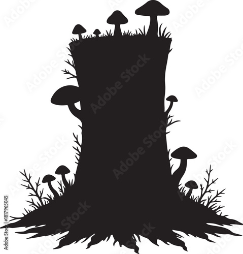 Black silhouette of mushrooms growing on a tree stump