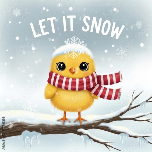 Let it Snow greeting card - cartoon chick in striped scarf standing on snowy branch. Falling snowflakes, soft blue sky, festive winter.	